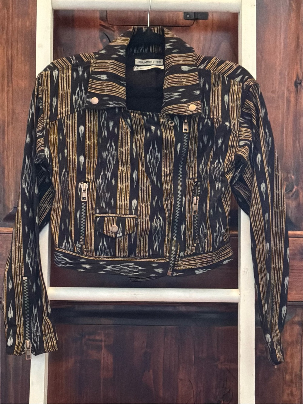 Urban Outfitters Black and Gold Patterned Cropped Leather Jacket